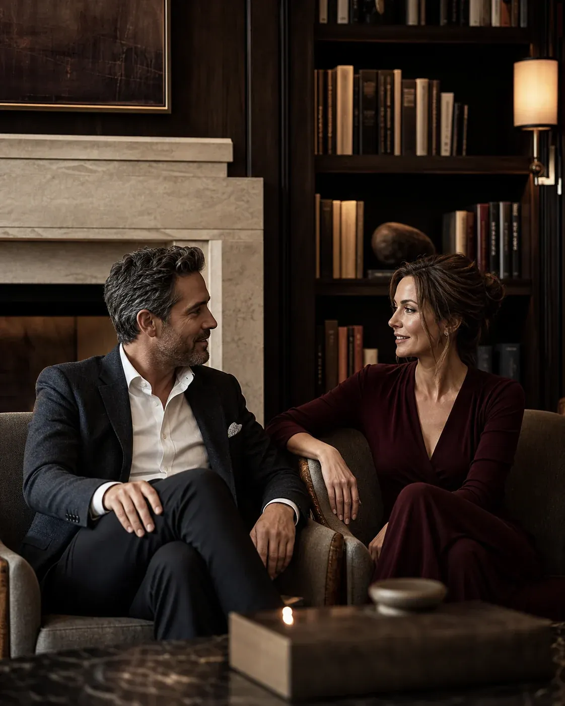 Sophisticated mature couple in thoughtful conversation
