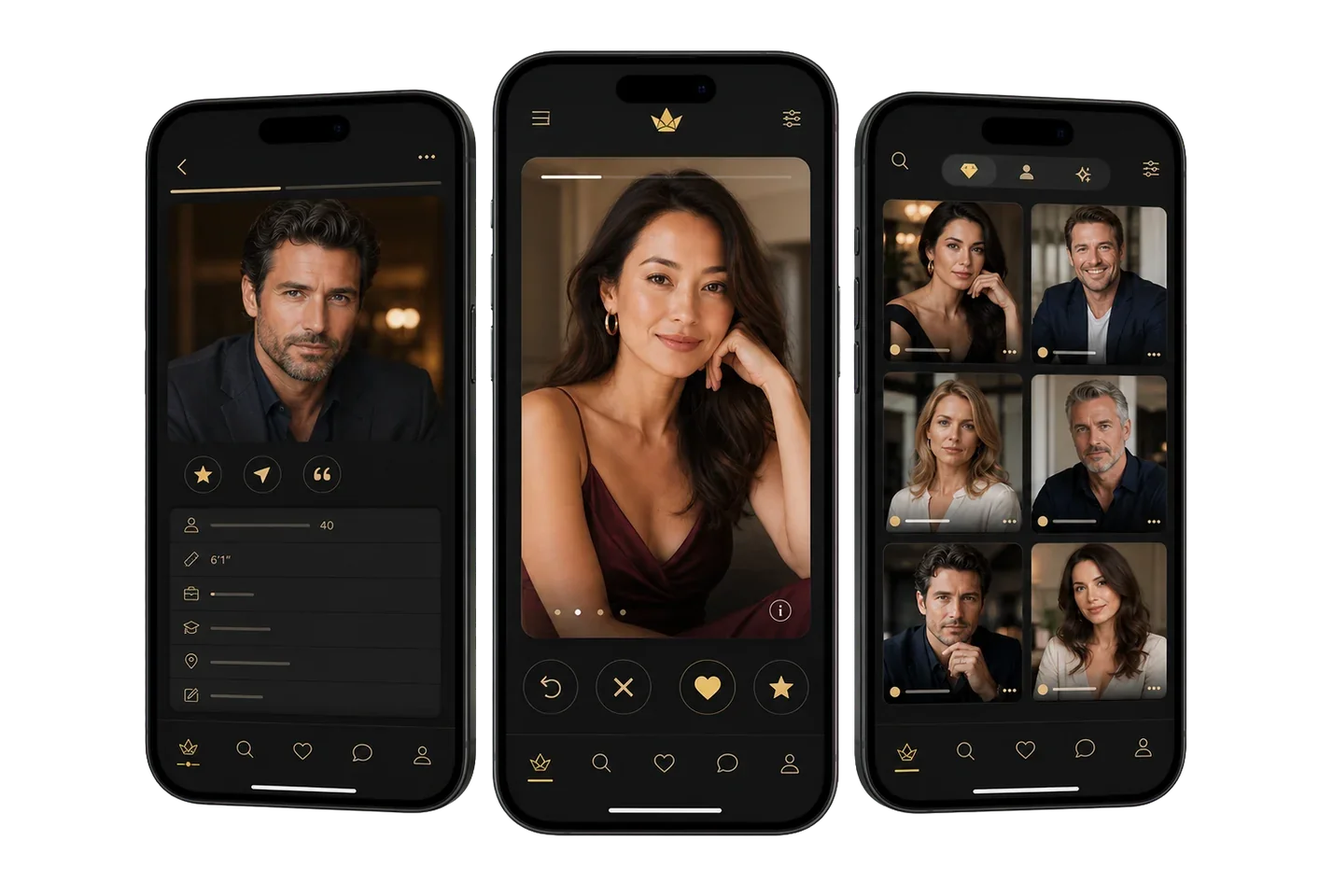 Luxury Dating App profile, discovery, and member screens displayed across three smartphones