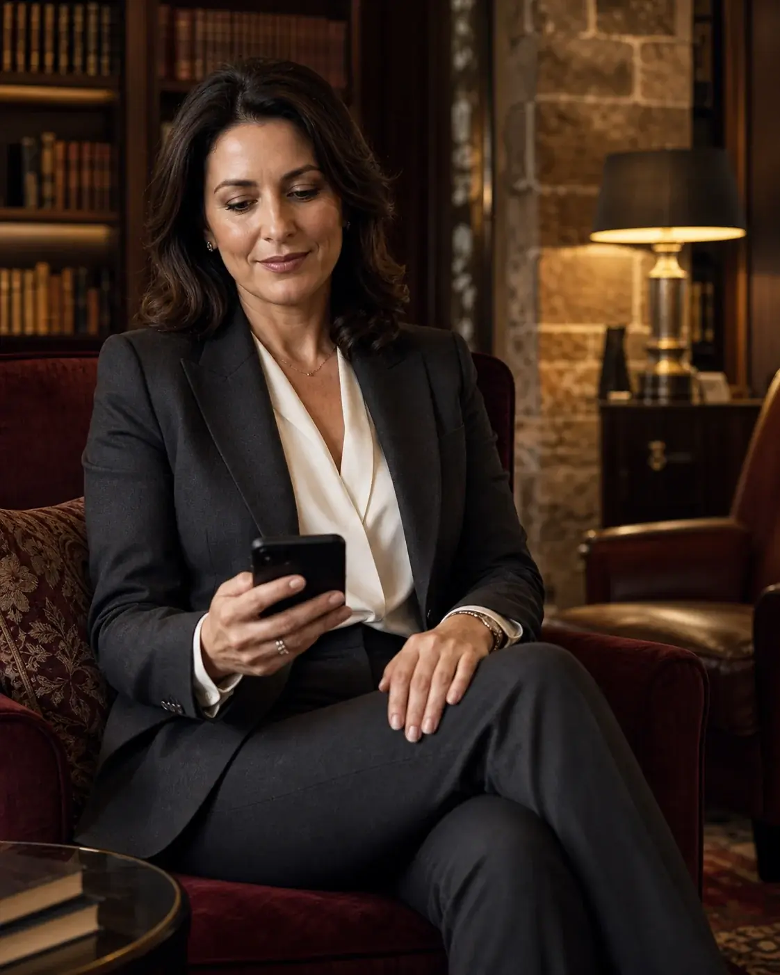 Professional woman using her phone in a private lounge